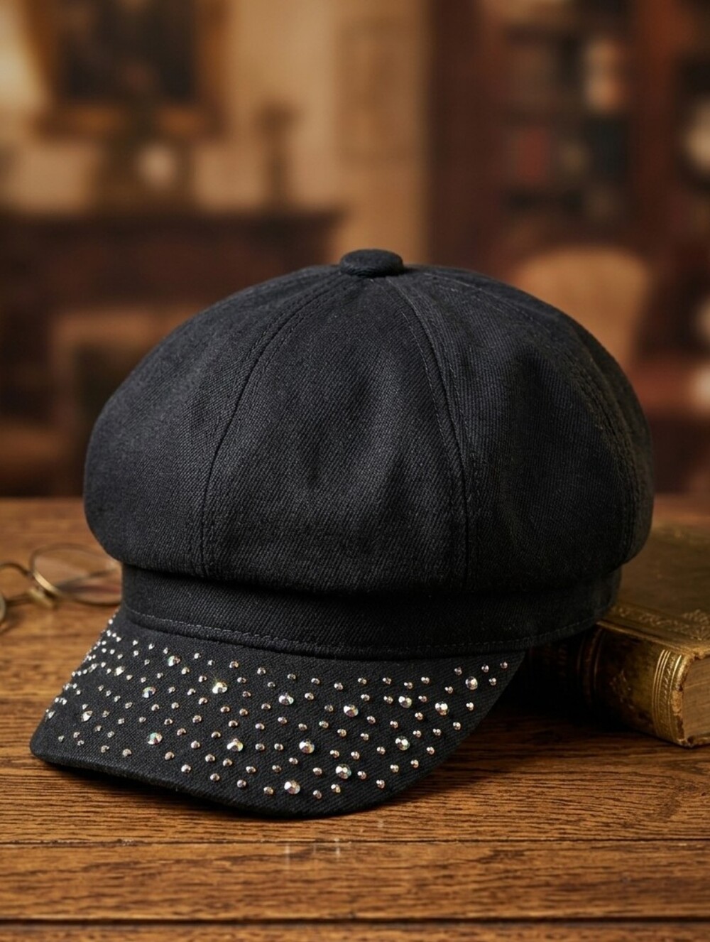 Jane & Berry Women's Black Cloth Rhinestone Newsboy Cap Cabbie Hat Size 39"